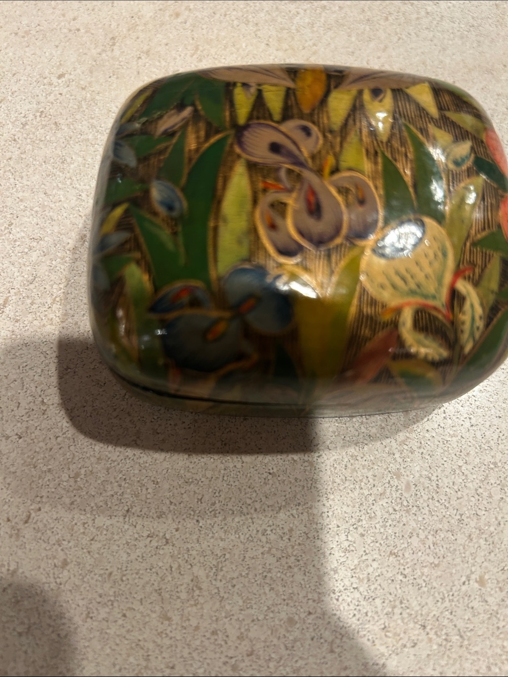 Hand-Painted Decorative Trinket Box in Green Vintage Arts & Crafts Folk Art